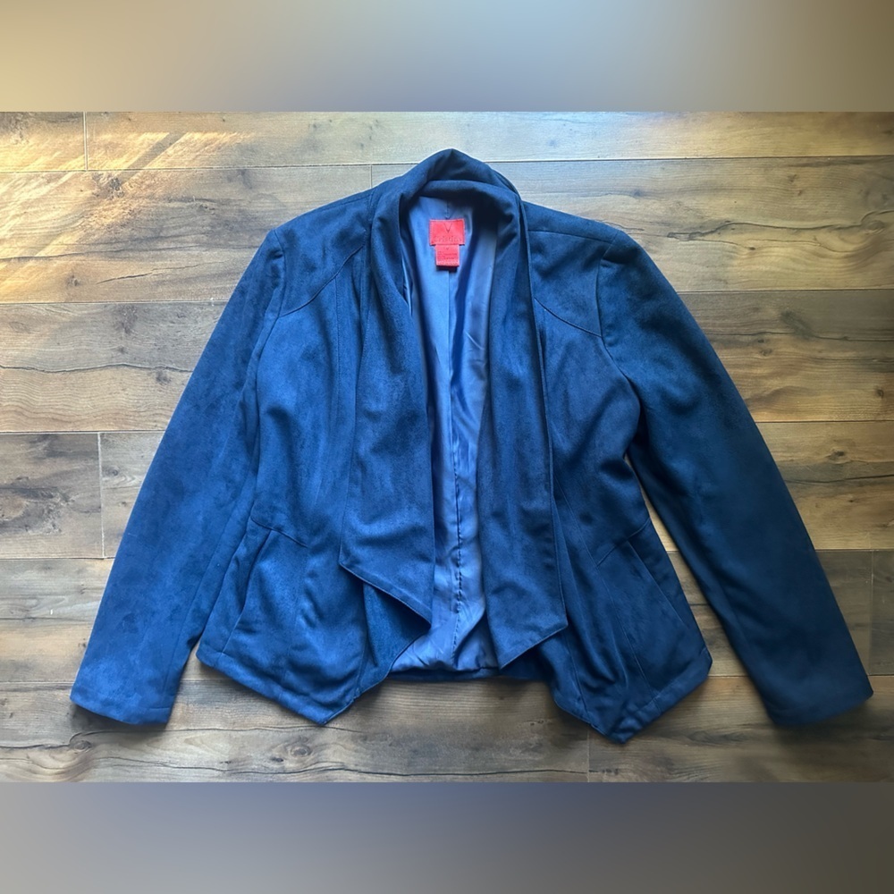 V. Cristina Navy Faux Suede Open Front Blazer | Soft Lined Jacket | Size M